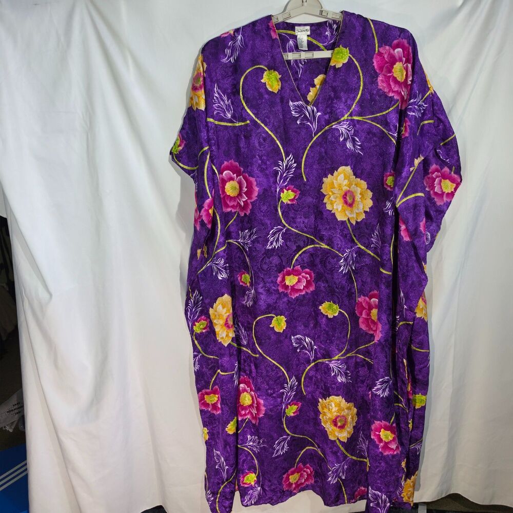 Sante Floral Jacquard V-Neck Long Maxi Kaftan Lounger Gown Purple XL